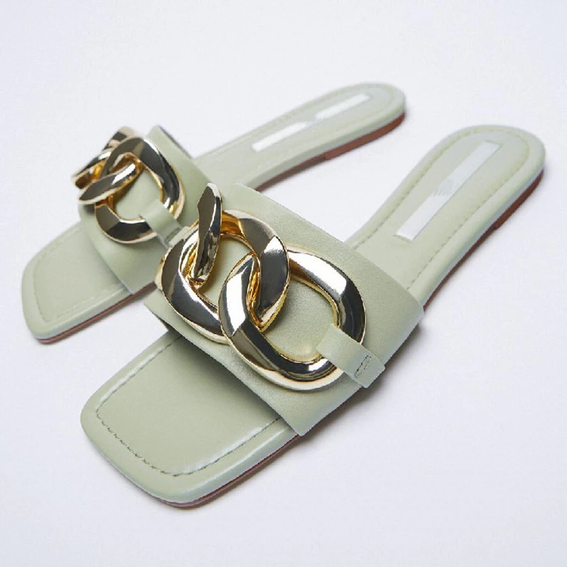 

ZAR Slippers Women Summer Luxury 2021 New Green Square Toe Metal Chain Casual Flat Sandals Brand Woman Beach Shoes Plus Size 41