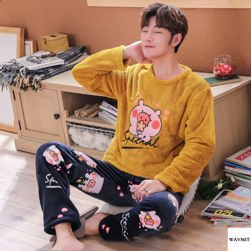 Пижамный комплект мужской фланелевый с длинным рукавом одежда для сна принтом