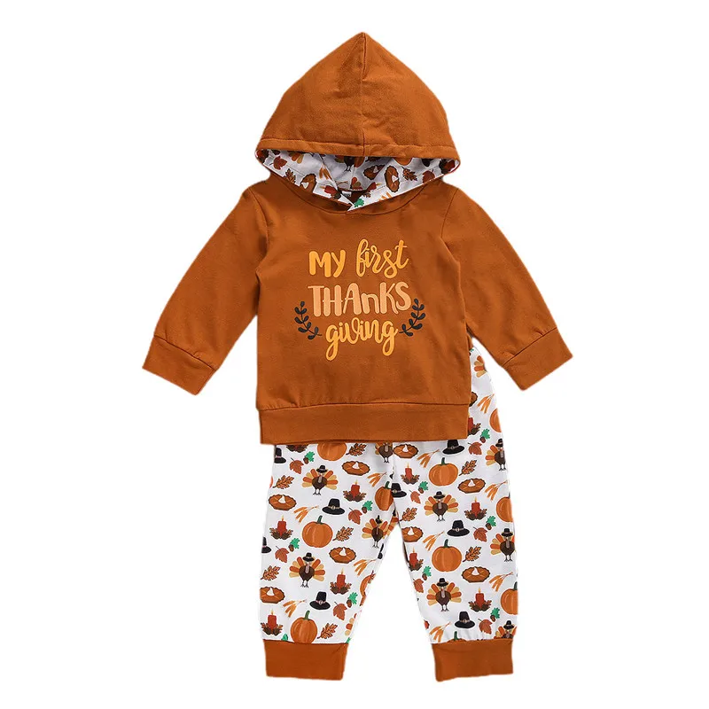 

Детская одежда с капюшоном + брюки, праздничная одежда с принтом из мультфильма «Мой первый день благодарения»