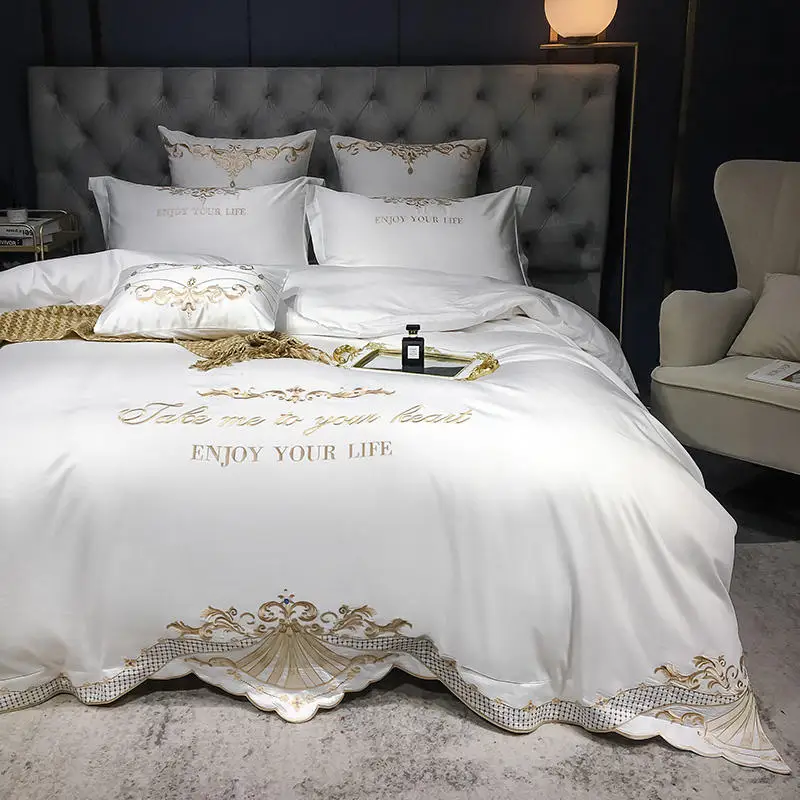 

New Luxury White 600TC Egyptian Cotton Royal Golden Embroidery Palace Bedding Set Duvet/Quilt Cover Bed Sheet Linen Pillowcases