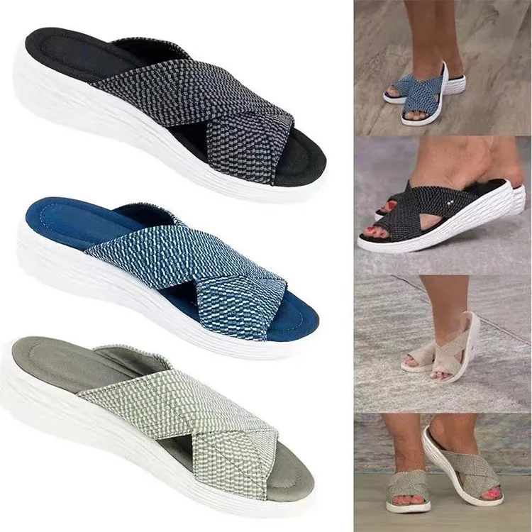 

2021 summer new flat bottom fish mouth flying woven cross sandals for women