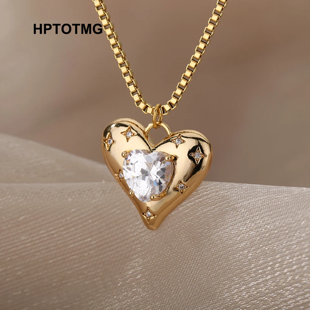 Crystal Love Heart Necklaces for Women Goth Aesthetic Heart Pendant Choker Necklace Stainless Steel Jewelry Gifts collier femme
