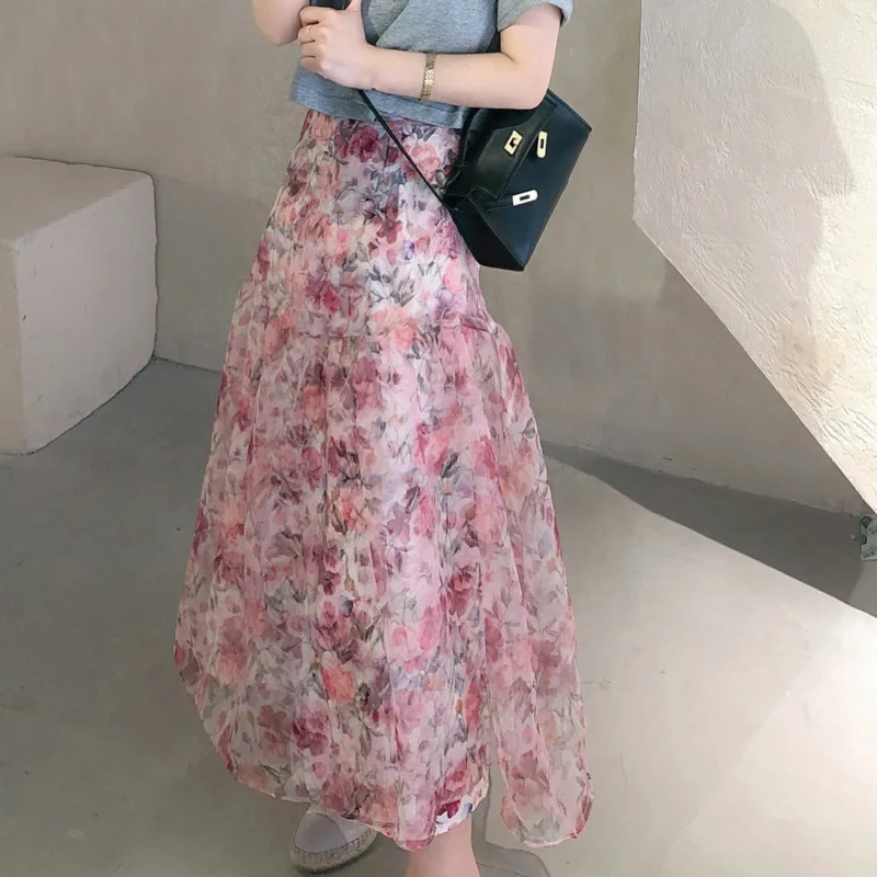 

Vintage Foral Print Organza Women Skirts Summer High Waist A-line Long Skirts Casual Zipper Woman Midi Skirts 2021