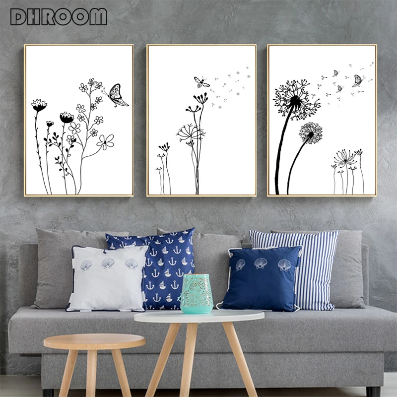 Абстрактная Настенная картина Одуванчик холст плакат черный белый цветок