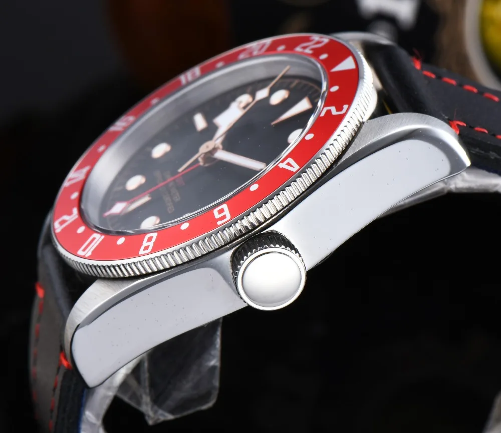 Corgeut 41 мм стерильные GMT часы черный циферблат Bay красный ободок окно даты автоматические мужские часы