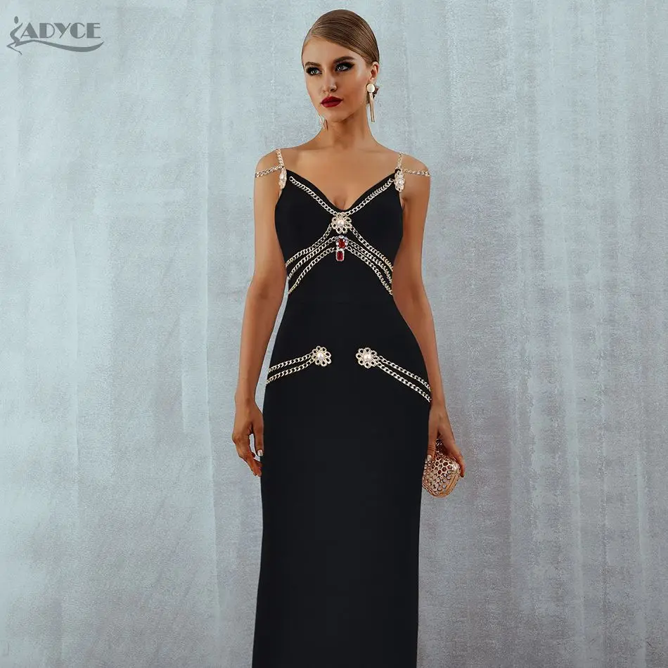 Женское вечернее платье ADYCE черное облегающее макси на тонких бретелях вечерние V