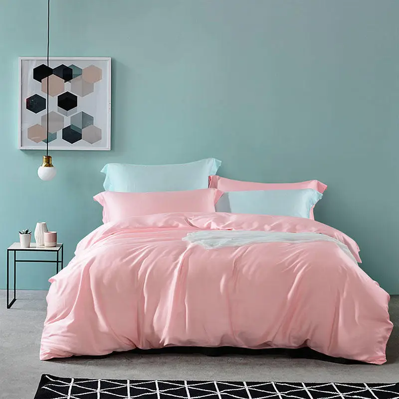 

Solid color summer soft tencel silk bed sheet fitted sheet king size queen bedding set Blue duvet cover soft set parure de lit