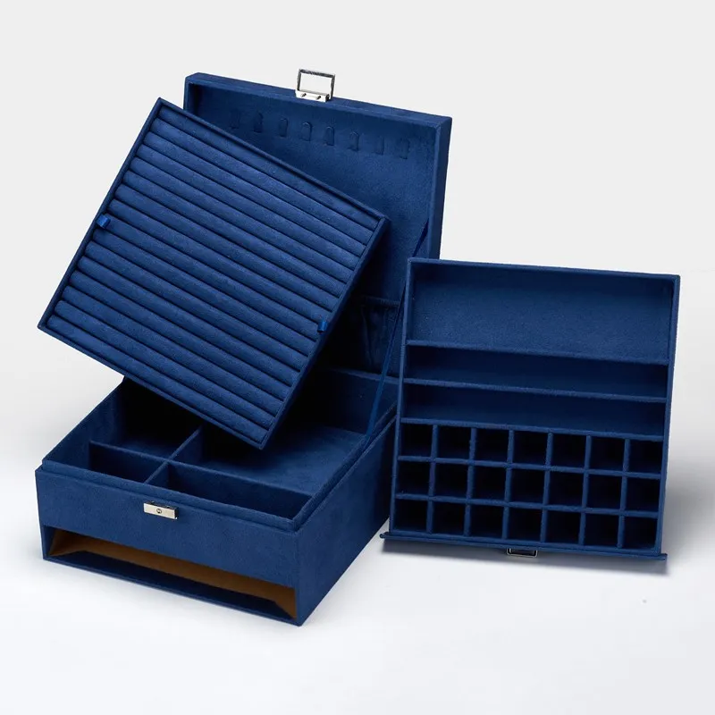 

New 3 Layers Large Capacity Velvet Jewelry Organizer Box Ring Earring Necklace Glasses Storage Case with Lock Women Girls Gift