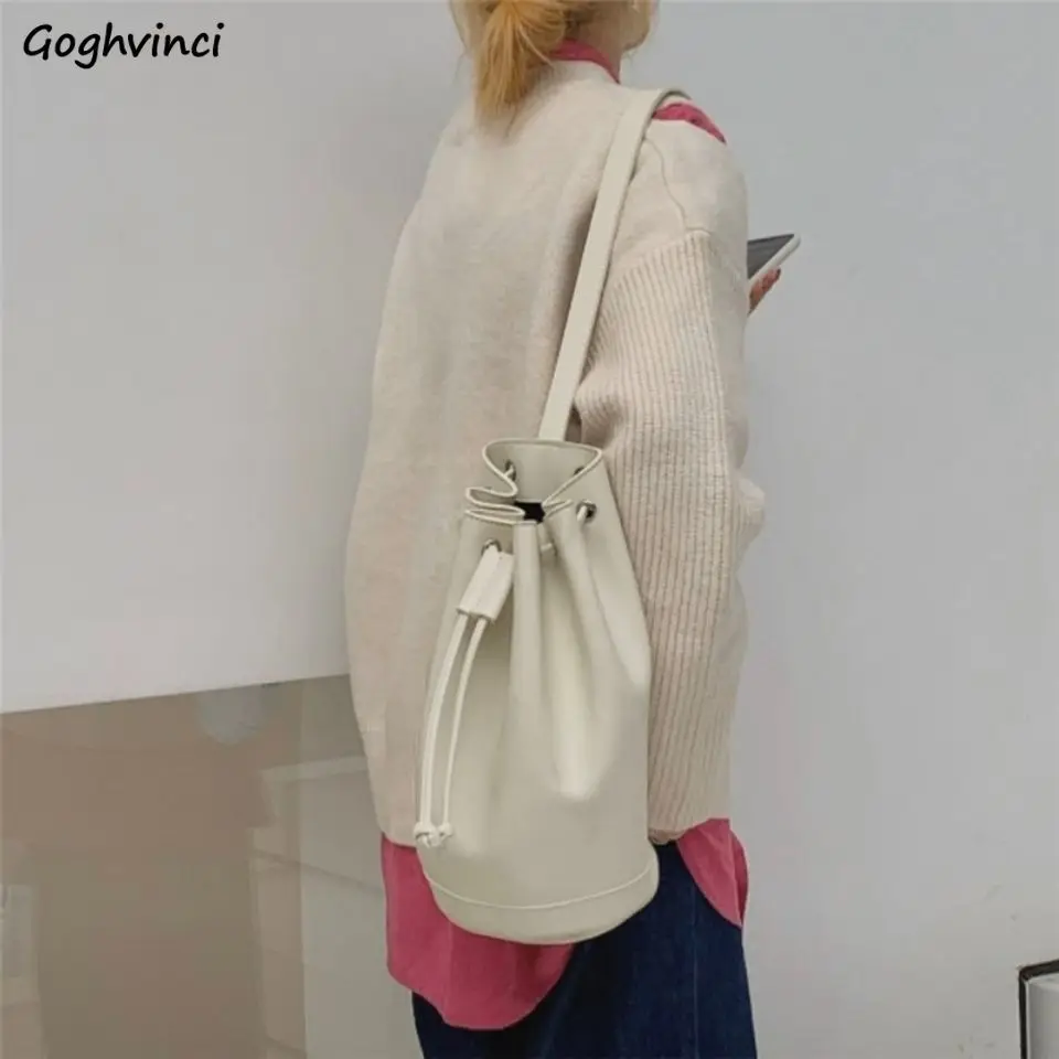 

Shoulder Bags Women Solid Buckets Drawstring Retro Korean Style Designer Simple Big Capacity Fashion Crossbody Bag Female Bolsa