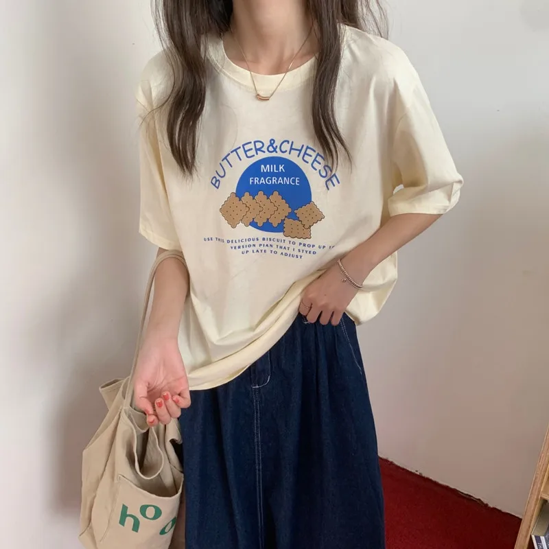 

Hzirip Korean Vintage Biscuit Pattern Cotton Fashion All-Match O Neck Ladies 2021 Hot Loose Casual Short-Sleeved Women T-Shirt
