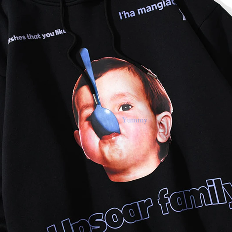 

ELKMU Harajuku Baby Biting Spoon Print Hoodies Streetwear Sweatshirts Male Hooded Pullover Men Fashion Causal Tops HE499