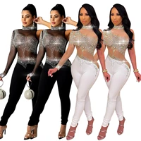 sexy women jumpsuit sheer mesh diamond see through party night clubwear long romper women jumpsuit overalls