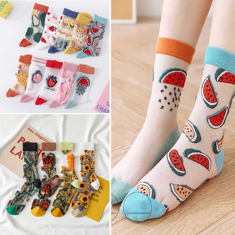 

Summer Woman Socks Ankle Ultra-thin Silk Transparent Glass Fiber Fashion Flower Cute Style Fruit Calcetines Mujer Multi Style