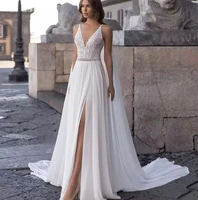 bohemian v neck wedding dress 2021 sleeveless a line side slit spaghetti straps backless lace applique floor length bride gown