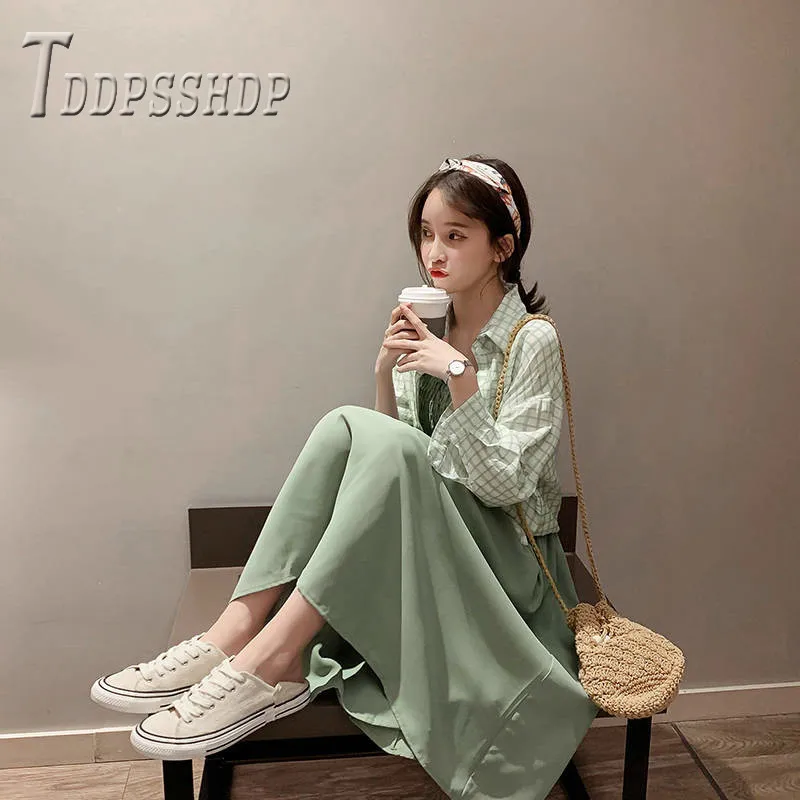 Женские комплекты из блузки в клетку и эластичного платья на груди лето 2019| |