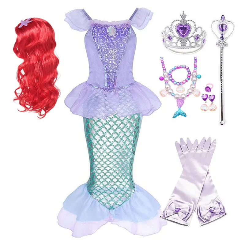 Девочка Платье Ариэль Дети Рождество Костюм Русалочка Дети Карнавал День Рождения Вечеринка Фантазийный Принцесса Костюм Одежда Парик.