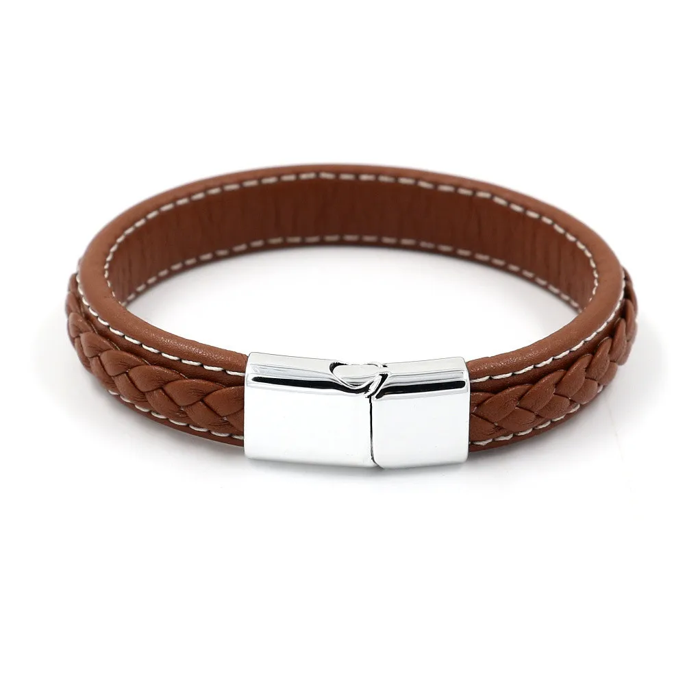 

OL Style Stainless Steel Charm Magnetic Black Men Bracelet Leather Genuine Braided Punk Rock Bangles Jewelry Accessories Friend