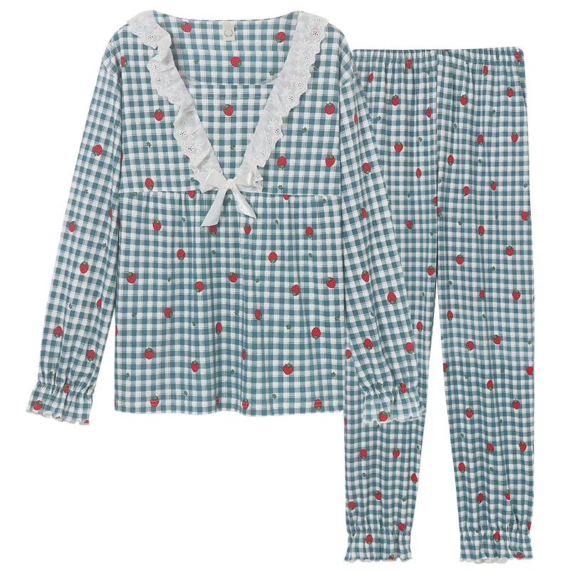 

Women Long Sleeve Lovely Strawberry Print Sleepwear Suit Autumn Pajamas Set Spring Girl Nightgown Casual Homewear Pijamas Mujer