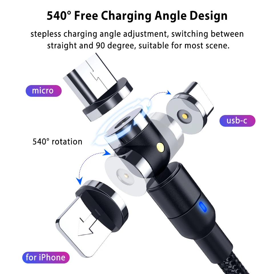 Магнитный кабель Micro Usb 2020 ° + 360 градусов разъем Micro-usb Microusb Быстрая зарядка для Xiaomi