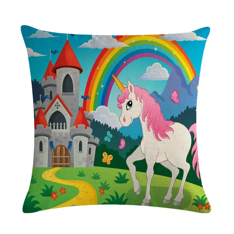 Радужная искусственная льняная наволочка с рисунком лошади леса грибов домашнее
