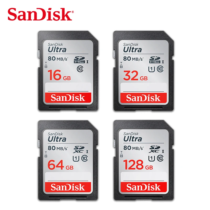 SanDisk SD-карта, класс 10, 128 ГБ, 64 ГБ, 32 ГБ, 16 ГБ