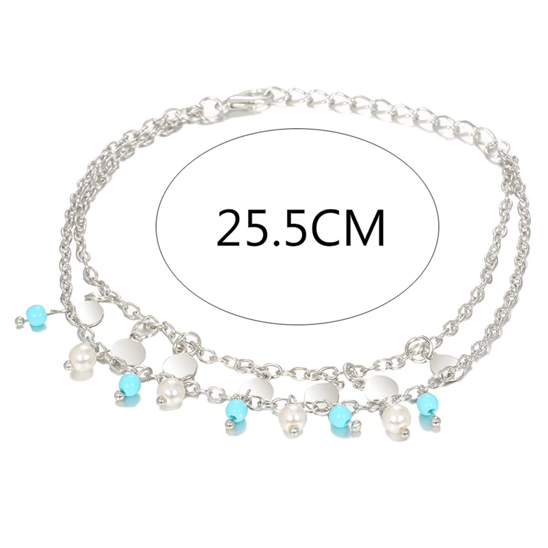 

Weomen Anklet Set Simple Pearl Blue Beads Round Silver Color Anklet Chain Bohemian Ladies Birthday Party Jewelry Gifts