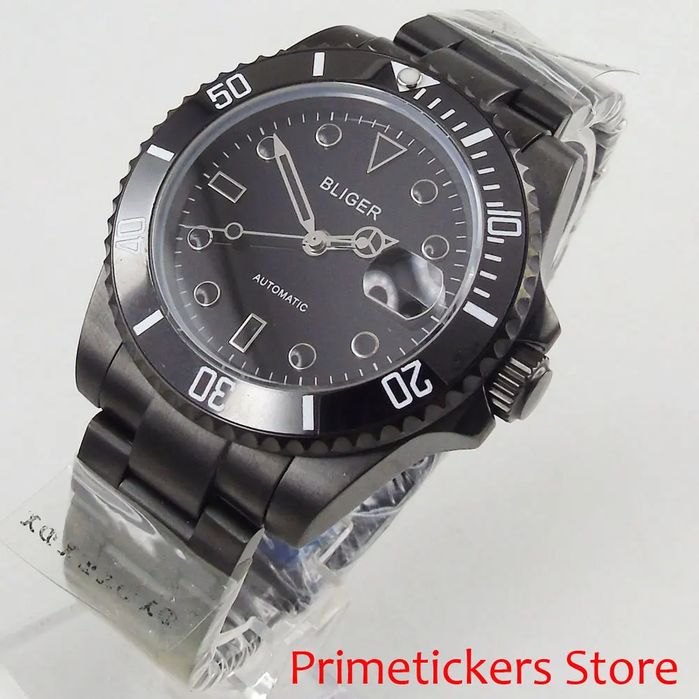 

BLIGER black dial PVD coated case date 40mm automatic movement mens wristwatch