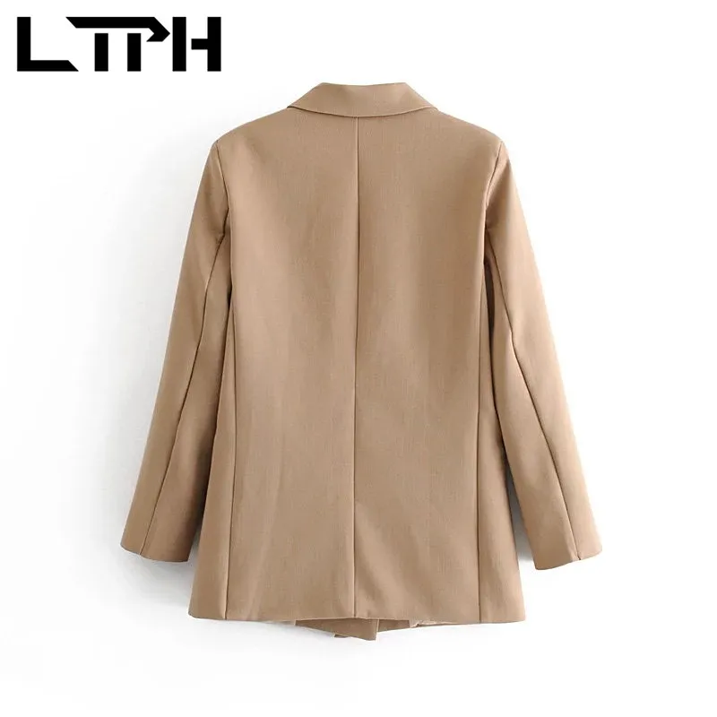 LTPH OL-Chaqueta de estilo informal para mujer, blazer de color caqui con doble botonadura, longitud media, combina con todo, primavera 2021