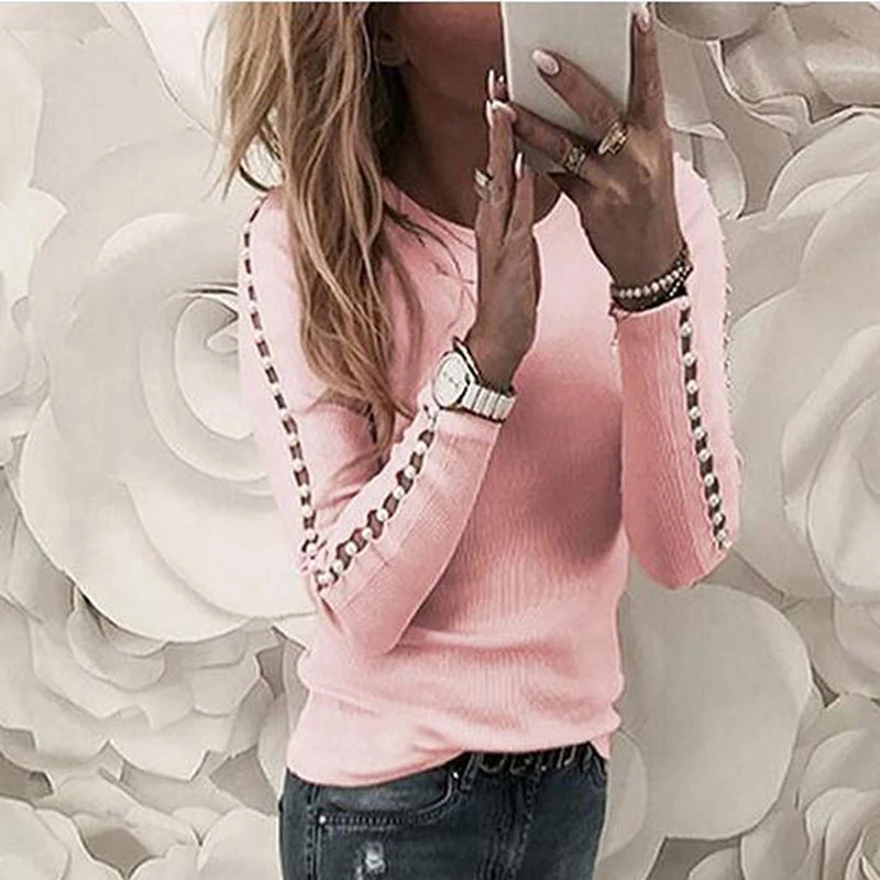 

New O Neck Tops Shirt Woman Fashion Hollow Out Shirt Elegant Beaded Decor Shirt For Ladies Street Style Shirt Femme