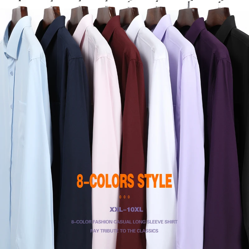 _ 5XL 6XL 7XL 8XL 10XL Мужская Однотонная рубашка с длинным рукавом Классическая деловая