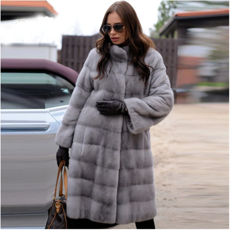 Luxury 100cm Long Mink Fur Coat Stand Collar High Quality Natural Full Pelt Mink Fur Jacket For Women Winter Overcoats Plus Size