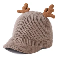 womens winter wool hat knitted antlers baseball caps solid beanies female girls outdoor casual party headwear autumn keep warm