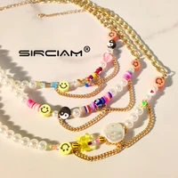 boho colorful smiley bear flat pearl clay beaded choker asymmetry pearls chains necklace for women candy heart design jewelry