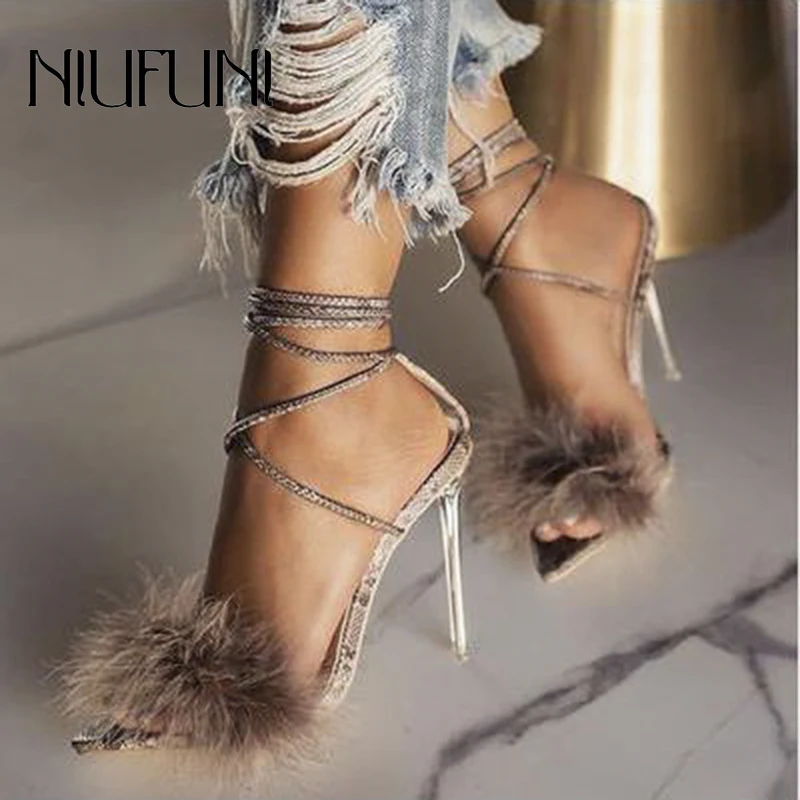 Sexy Plus Size 41 Transparent Pointed Toe Snake Print Women Sandals Fur Ankle Strap High Heels Summer Footwear Shoes For Women  - buy with discount