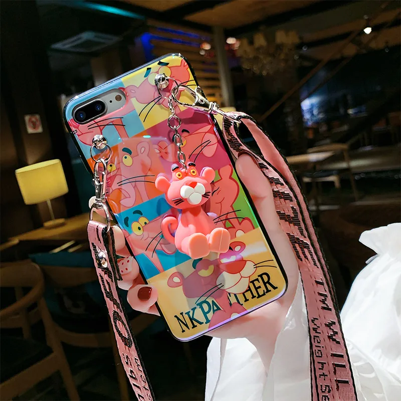 For iPhone XS max XR X Pink panther case Cute blue ray soft 8plus 7 8 7P 6 6S 6P phone cover +toy +strap |