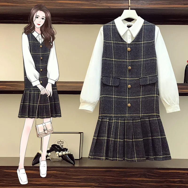 

Large Size Women's Clothing Suit 2021 Spring New Fashion Temperament Western Style Shirt + Woolen Dress Two-piece Plaid Suit