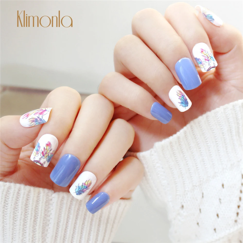 

24Pcs/Box Graphic Design Tip False Nail Square Shape Color Adjustment Blue And White Full Artificial Nail Tips With Adhesive