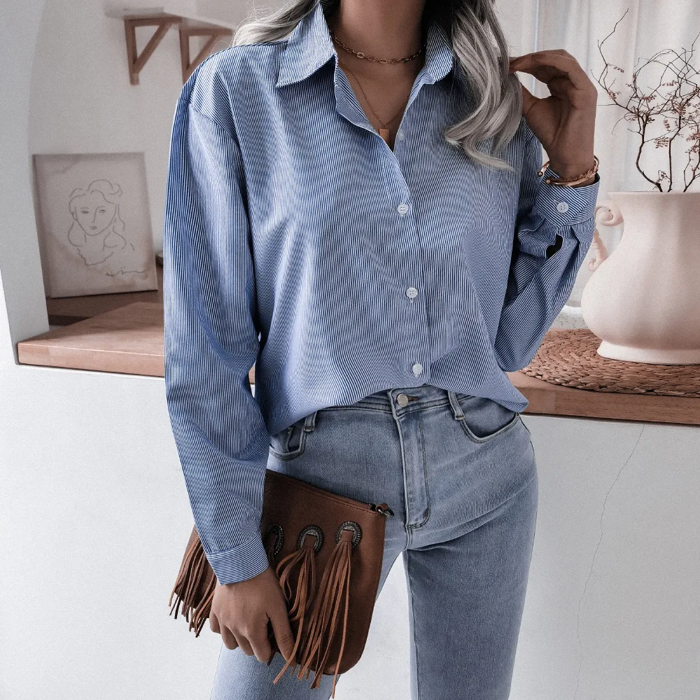 

Spring 2021 Women's Shirt Long Sleeve Blue Striped Casual Loose Shirt Ladies Top Oversized Long Sleeve Casual Shirt 4XL