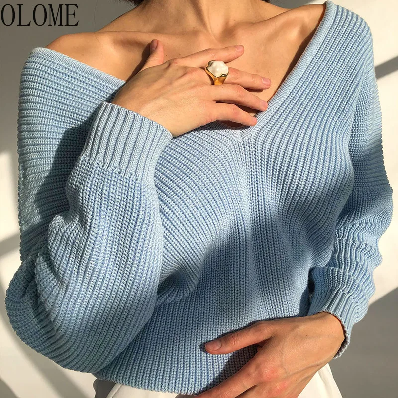 

Women's Oversize Sweater Knitted Autumn Winter V Neck Blue Thick Knit Pullover 2021 Long Sleeve White Warm Sweaters for Women
