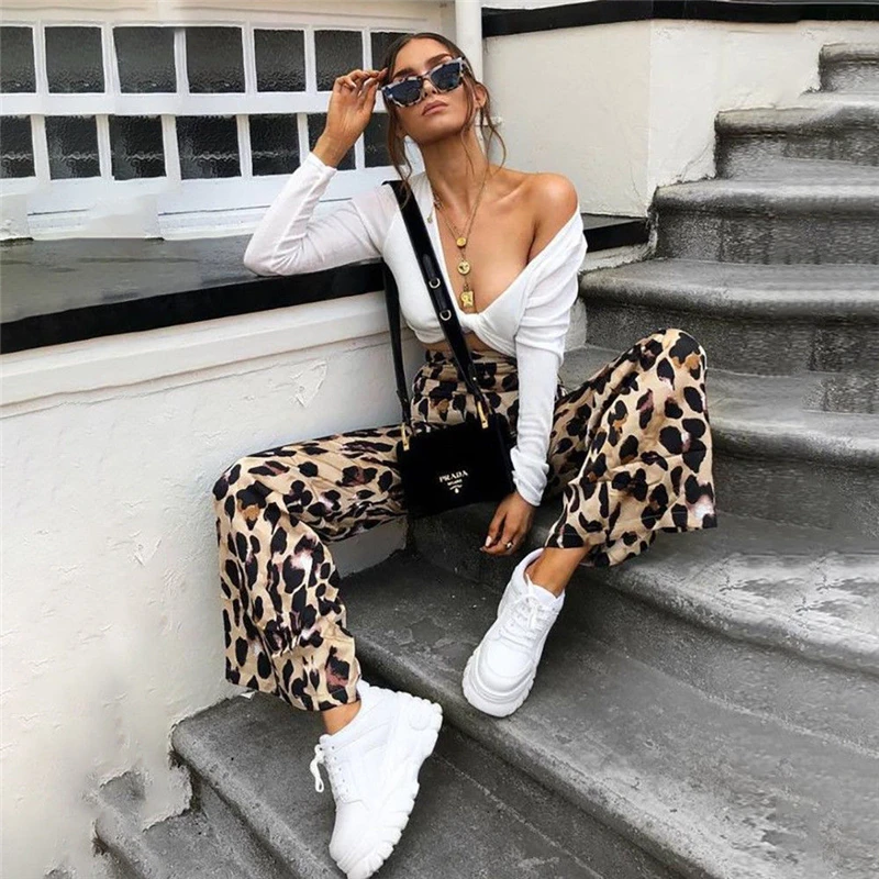 

Women Fashion High Waist Flared Wide Leg Pants Sexy Leopard Print Trousers Office Lady Work Pants Casual Palazzo Long Trousers