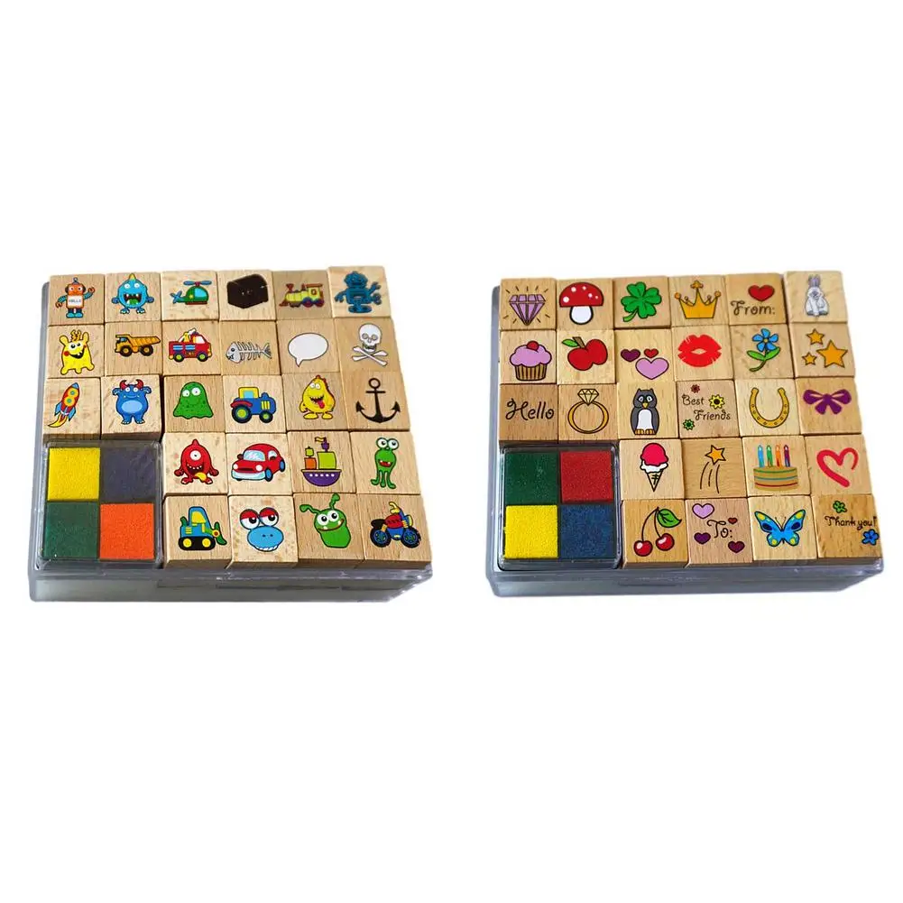 

26pcs/Set Wooden Stamps Crafting Cartoon Pattern Stamps With Ink Pad Children Toy Stamps Kids Seal DIY Cartoon Stamper Toys