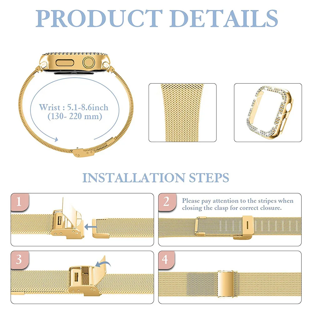 

38/42mm Stainless Steel Mesh Bands Women Bling Protective Crystal Diamond Case With Loop Mesh Strap For Apple Watch Series 3/2/1