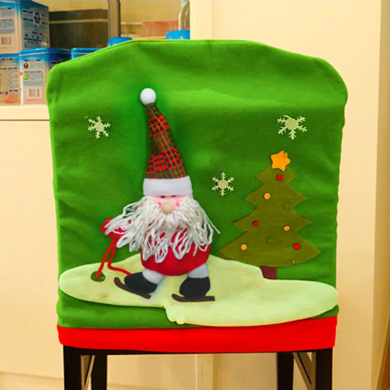 

Christmas Chair Cover Cute Reindeer Santa Claus Snowman Skiing Print Dining Chair Caps Slipcovers Home Party Decoration