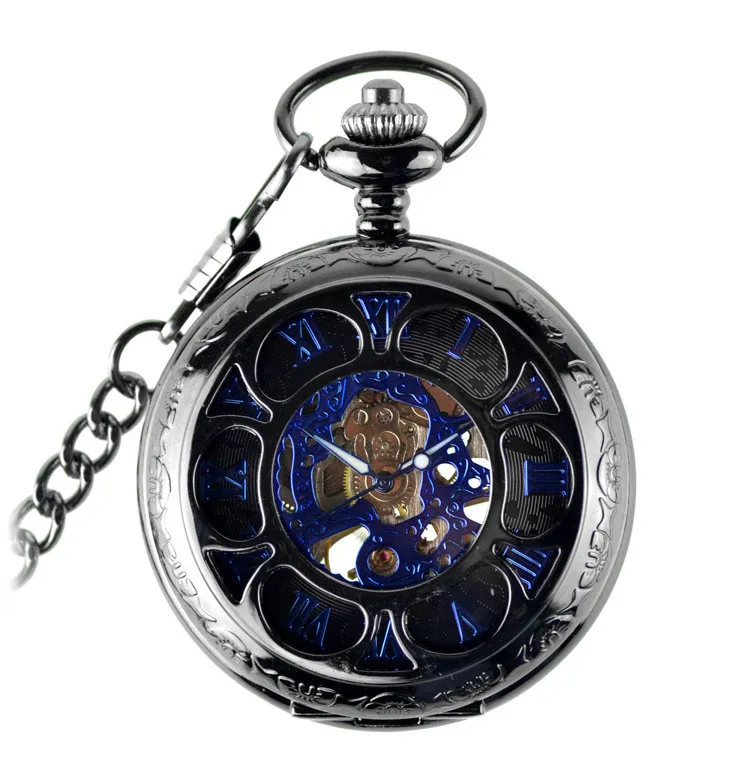 

Luxury Brand Pocket Watch Blue Steampunk Skeleton Mechanical Pocket Watch Men Antique Pocket & Fob Watches Fob Chain Male Clock