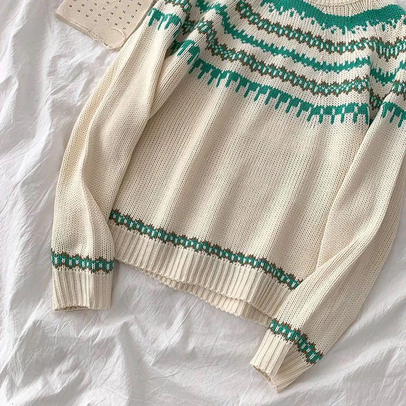 

Autumn Winter Knitted O-Neck Sweater Women Long Sleeve Apricot Red Stripes Pullovers Casual All Match Loose Clothing OL Lady