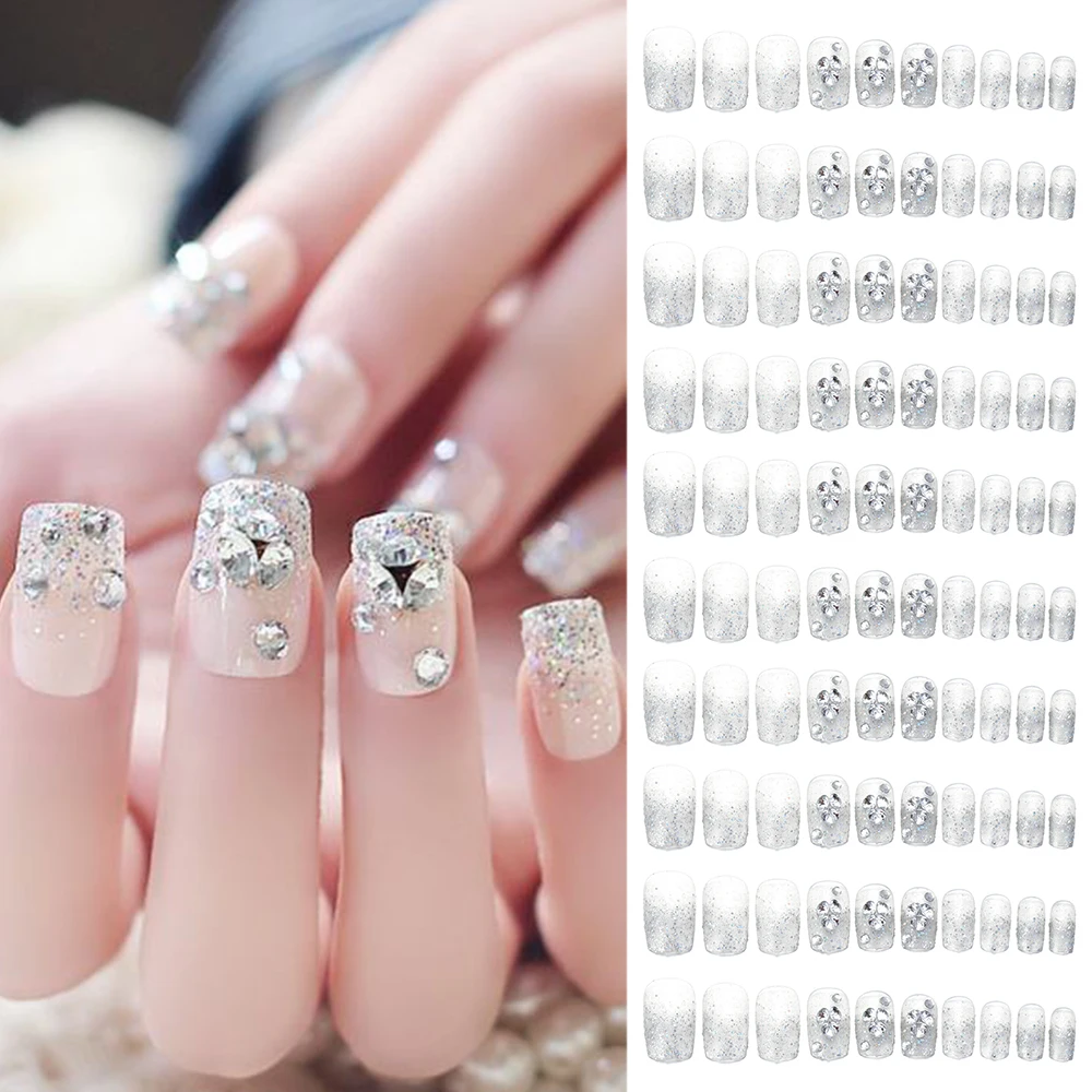 Новая мода 24 шт накладные ногти квадратный Блеск полное покрытие Хрустальный
