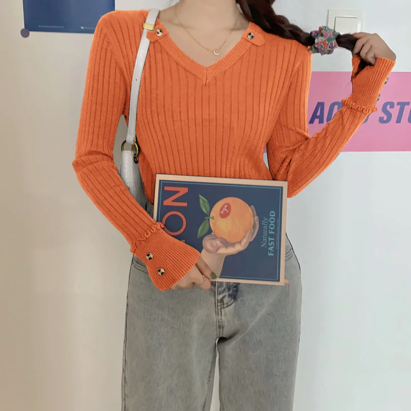 Свитер женский с V-образным вырезом однотонный в полоску 2021 | Женская одежда