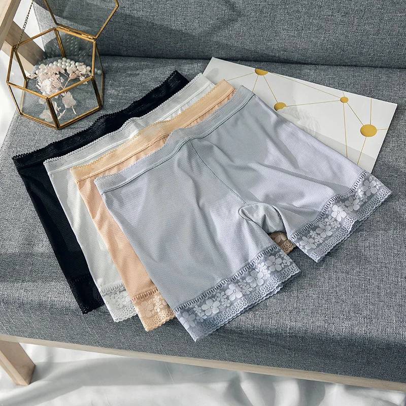 

Lace Knickers Ice Silk Spandex Ribbed Shorts Stretch Anti Friction Female Summer Seamless Shorts For Women Under Skirt Hot Pants