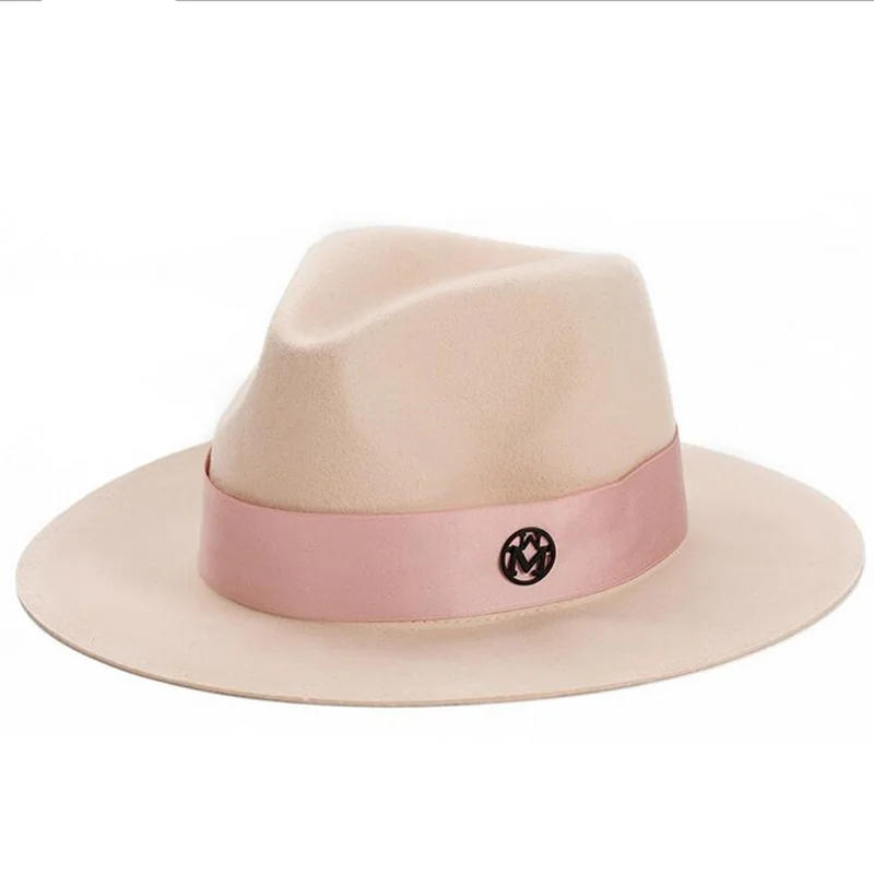 

Ladies pink wool feodra hat winter womens M letter wool Men Jazz fedoras pink hat for women large brim cowboy panama fedoras