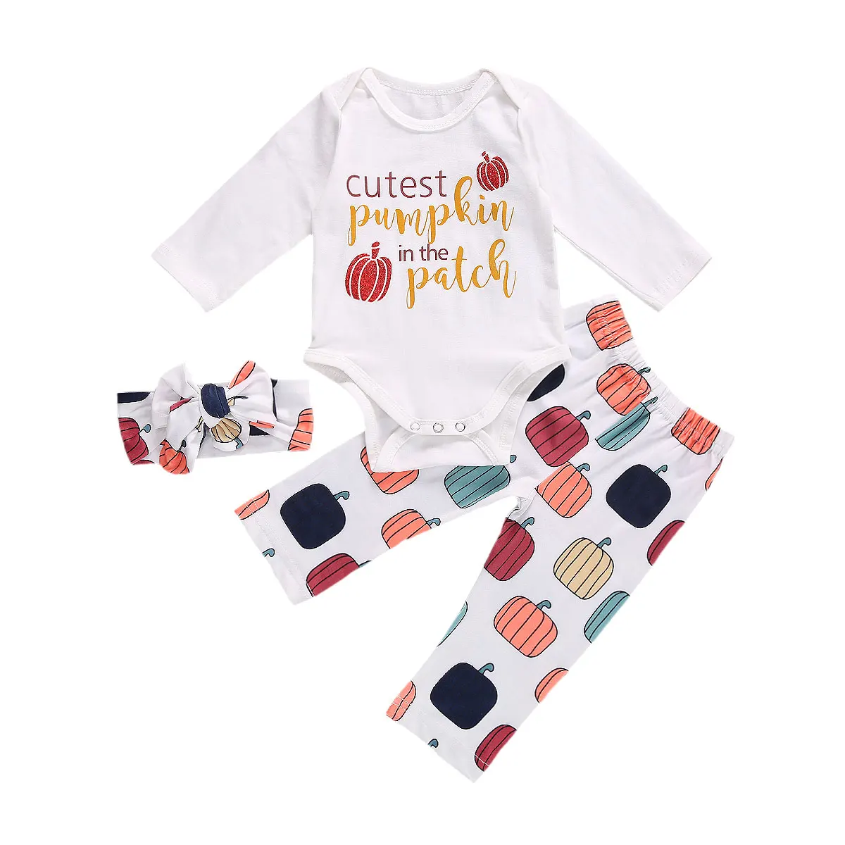 

Комплект из 2 предметов для маленьких девочек; Детский комбинезон с длинными рукавами и круглым вырезом с принтом тыквы на Хэллоуин и штаны